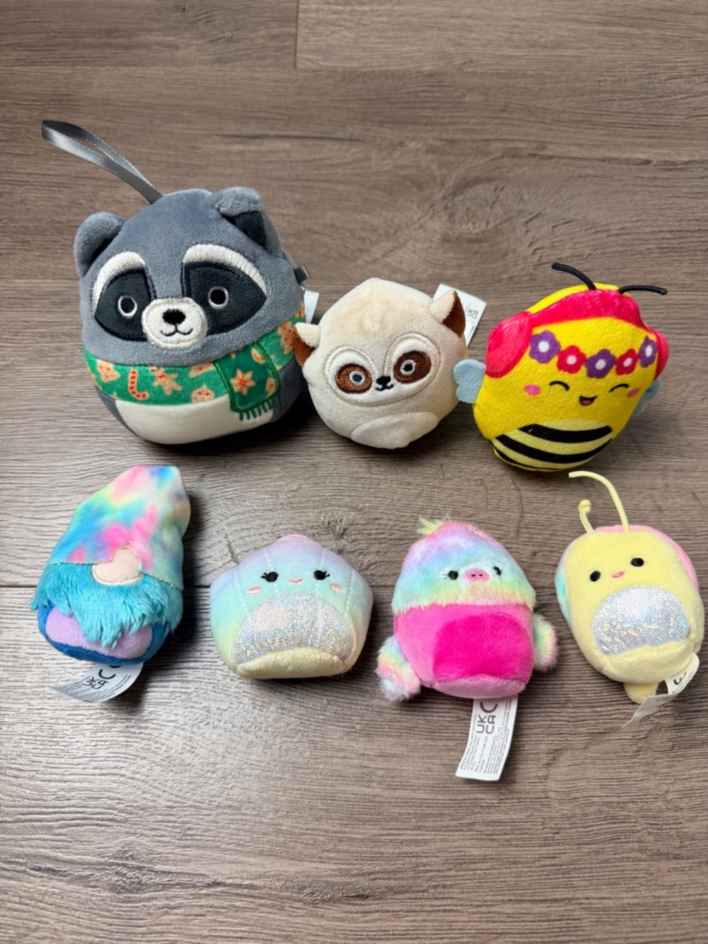 Squishmallows Mini Plush Lot of 7 - Raccoon, Lemur, Bee, Pastel Tie Dye Gnome